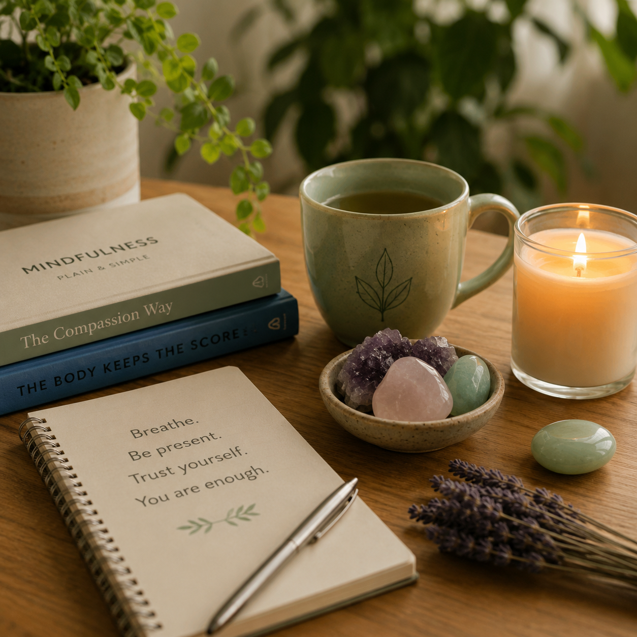 A calming still life with a mindfulness journal, tea, candle, healing crystals, and lavender on a wooden table.